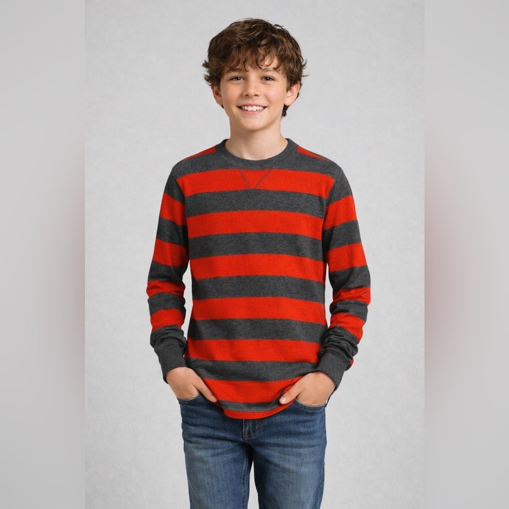 Roebuck & Co Boys Orange & Gray Striped Long Sleeve Shirt Size M (10/12)
